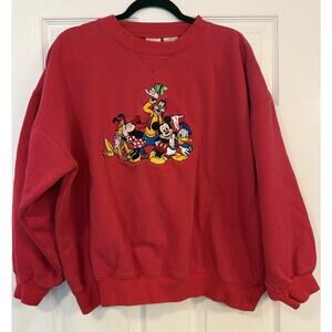 VTG‎ Disney Store 90s Sweatshirt XL Red Distressed Embroidered Mickey & Friends